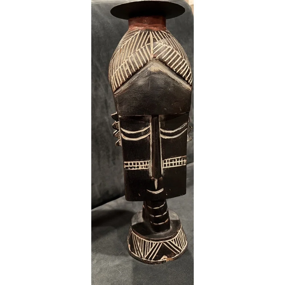 Tribal Wooden Mask Hand Carved Black & Red Bold Stands On Table